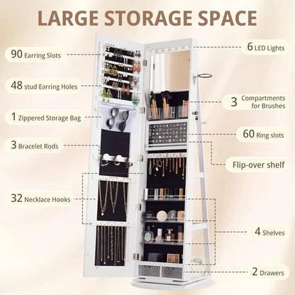 IRONCK LED Mirror Jewelry Cabinet Standing,360° Swivel Lockable Jewelry Armoire with Full Length Mirror and Adjustable LED Light