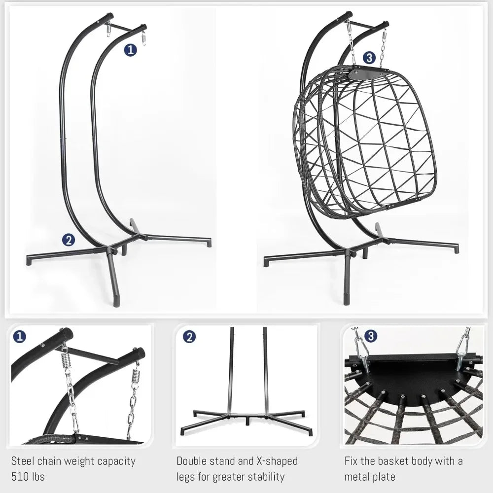 Extra Large Double Hanging Egg Chair 2 Person Outdoor Indoor Heavy-Duty 700 Lbs Wicker Hammock Swing Chair with Stand,Customized