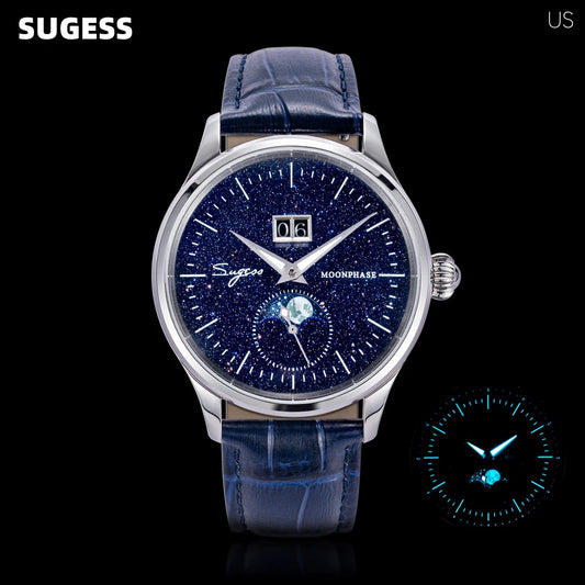 Sugess Watch of Men Moonphase Automatic Mechanical Wristwatches ST2528 Movement Stainless Steel Blue Sandstone Dials Luminous Waterproof S401