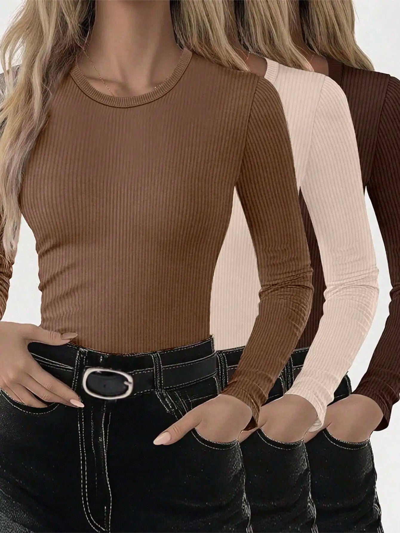 3pcs Women's Solid Ribbed Long Sleeve Crew Neck T-Shirts for Casual Wear