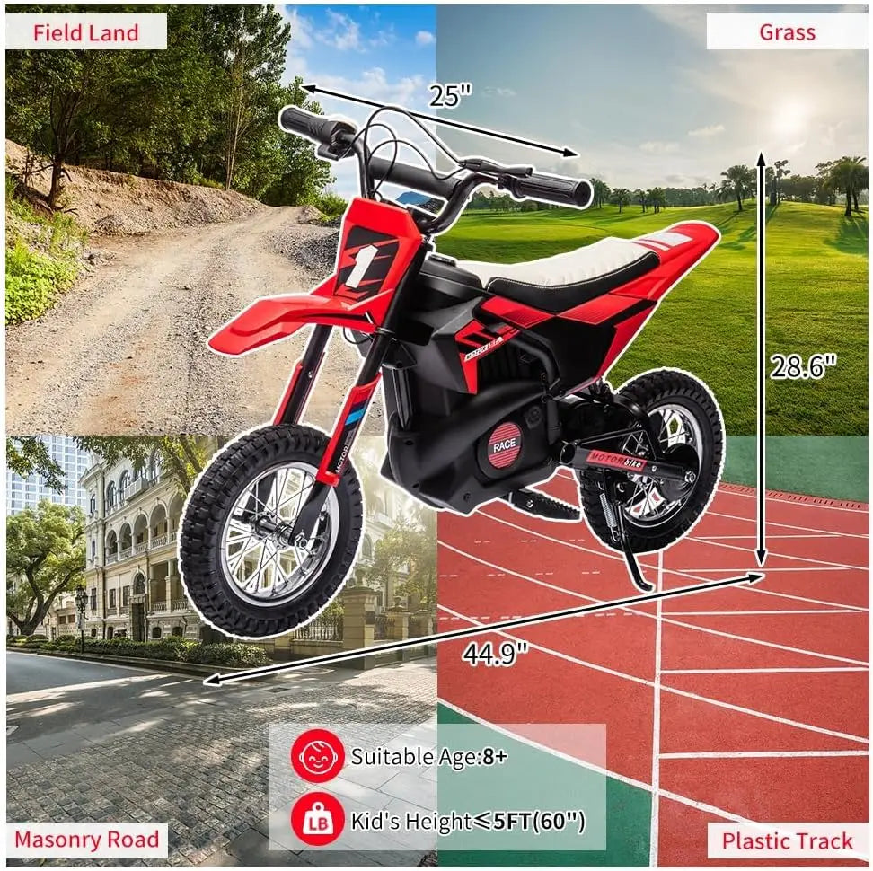 24V Kids Electric Ride Motorcycle with Leather Seat Inflatable Wheel Off Road Toy Car Birthday Gift for Boys And Girls 5-10 Years Old 250W Motor 13.6MPH Fast Speed
