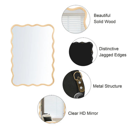 Solid Wood Wavy Rectangle Mirror-Natural-Wood 40" x 28" Modern Mirror Wall Decor for Bathroom Bedroom Living Room Dining Room C