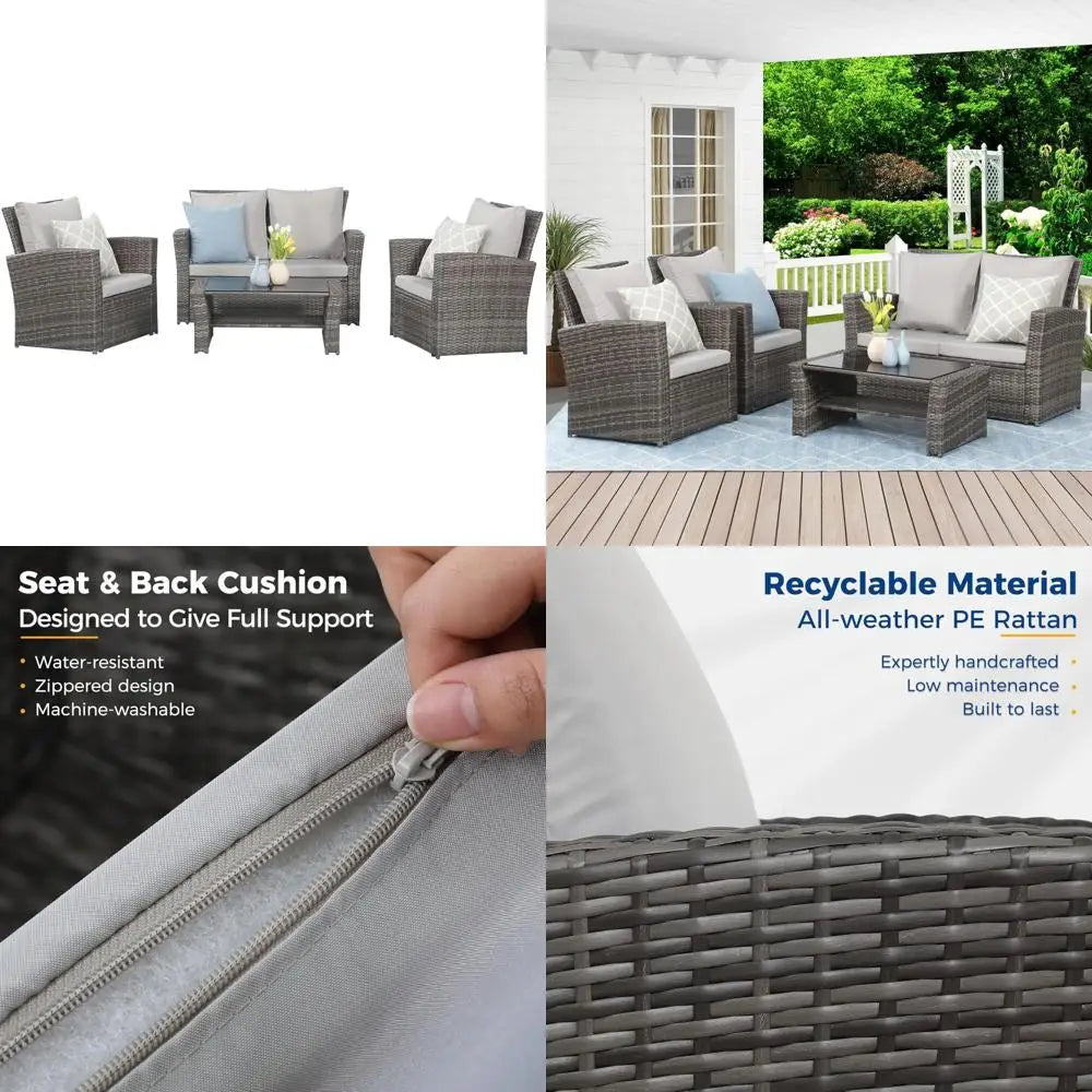 Outdoor Patio Furniture Set, 4-Piece Wicker Conversation Set with Gray Rattan Sofa Chairs and Cushions for Porch or Deck