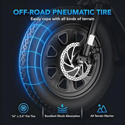 Peak 1200W Electric Scooter with Seat, 16 Inch Fat Tire Electric Scooter for Adults and Teens, E Scooter for Basket Commuting