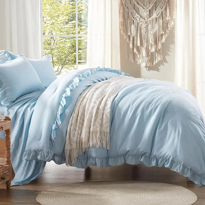 Queen Bed in a Bag 7 Piece Blue Shabby Chic All Season Ruffle Bedding Set with Comforter Pillow Shams Pillowcases Flat Sheet Fi