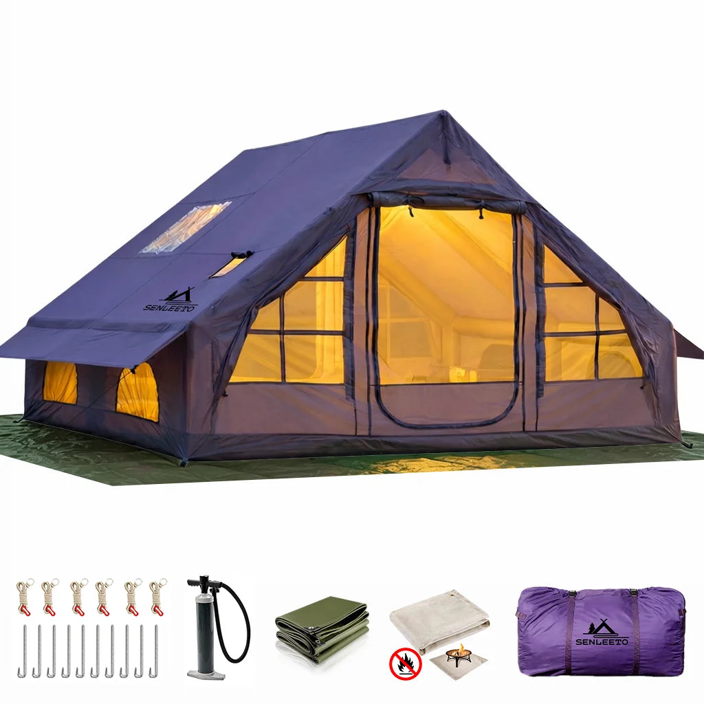 SENLEETO 129 Square Feet Black Coating Inflatable Tent Luxury Glamping House Tent 4-8 Person 4 Season Blow Up Camping Tent with Stove Jack AC Port Air Tent with Moisture-proof Mat and Fireproof Mat
