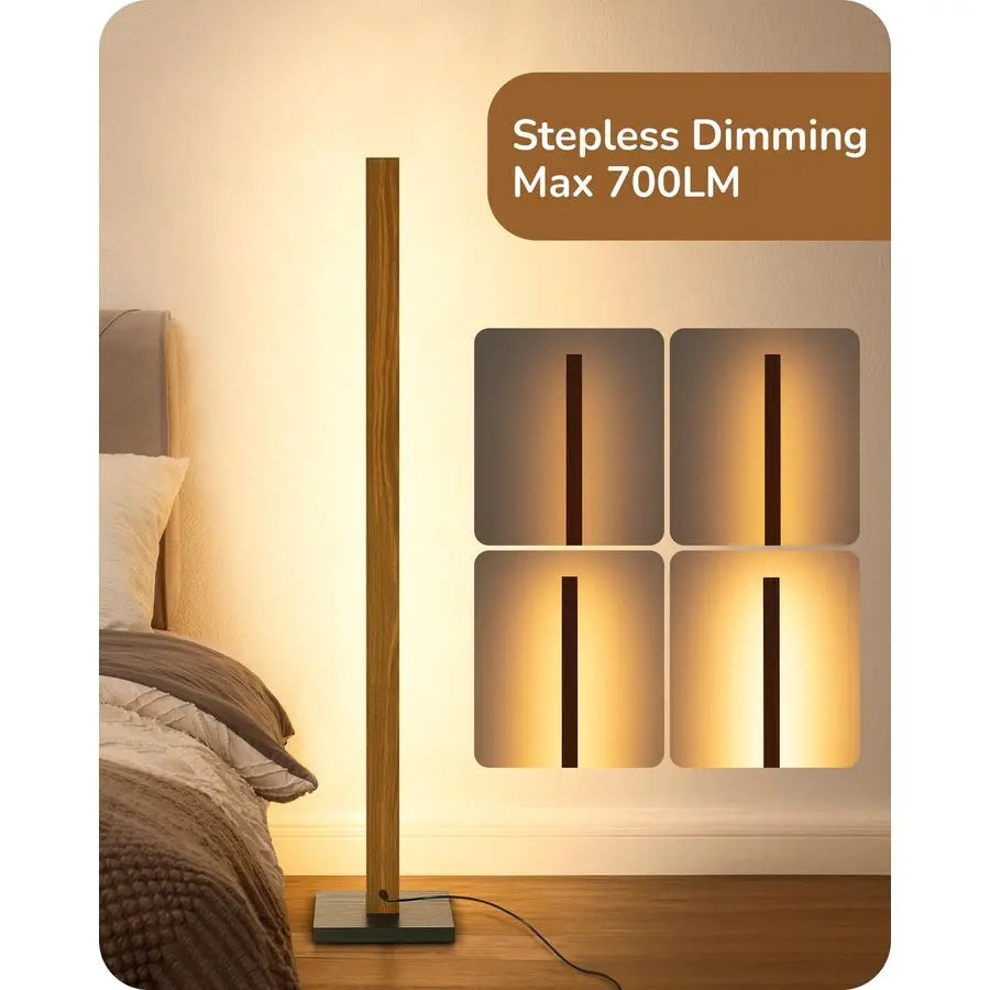 Mid Century Modern Floor Lamp with Remote, Dimmable Wood LED Corner Lamp, Minimalist Standing Mood Lighting for Living Room, Bed
