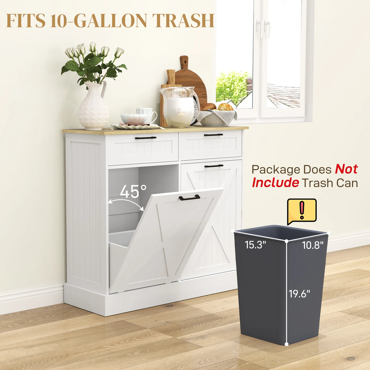 HOMCOM Tilt Out Trash Can Cabinet, 10 Gallon Farmhouse Kitchen Cabinet with Hidden Trash Can and 2 Drawers for Laundry Room, Pantry, Kitchen, White