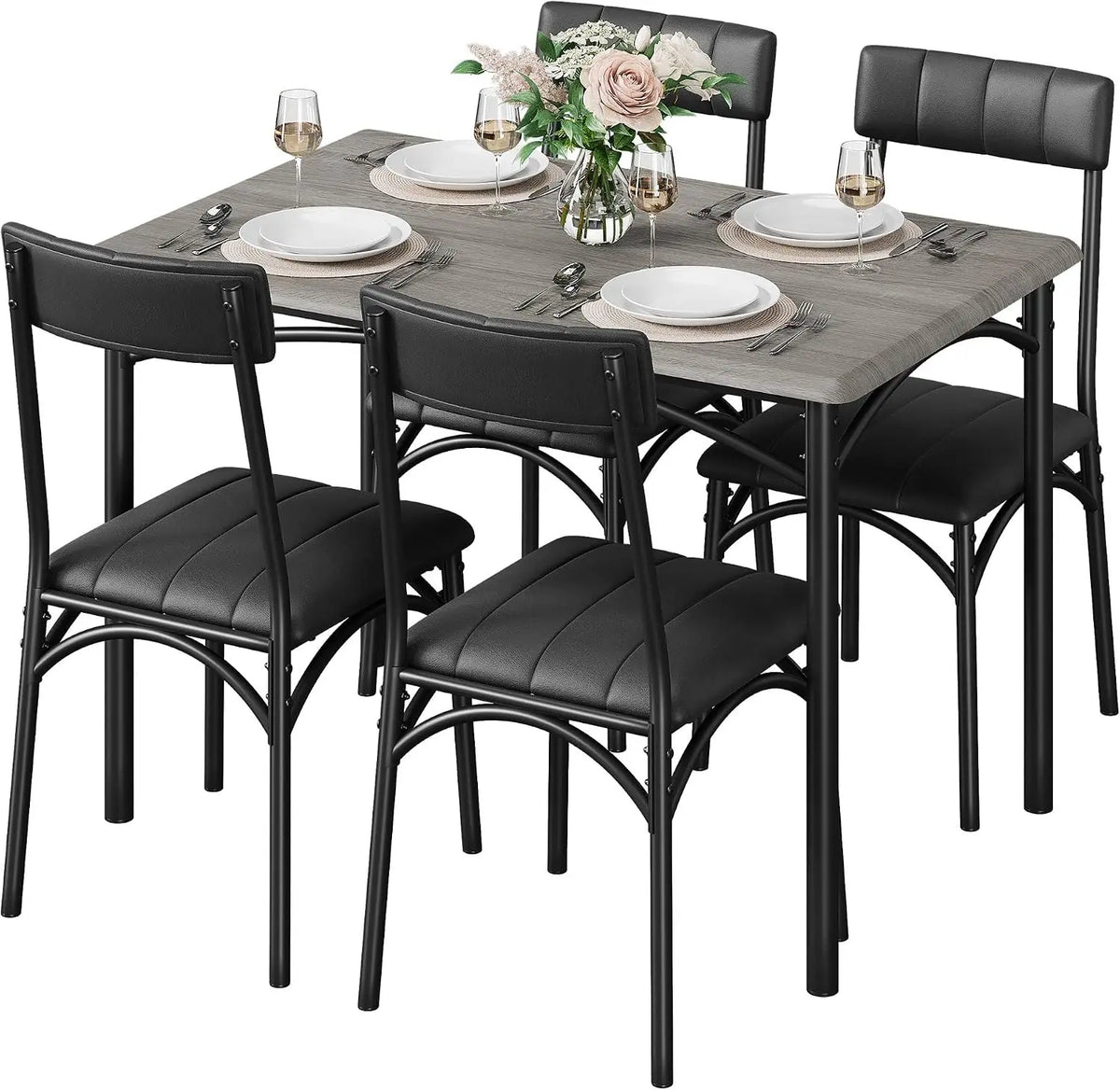 Space-Saving 5 Piece Dining Table Set for 4 – Rectangular Metal & Wood Table with 4 Upholstered Chairs – Compact Kitchen & Dining Room Solution