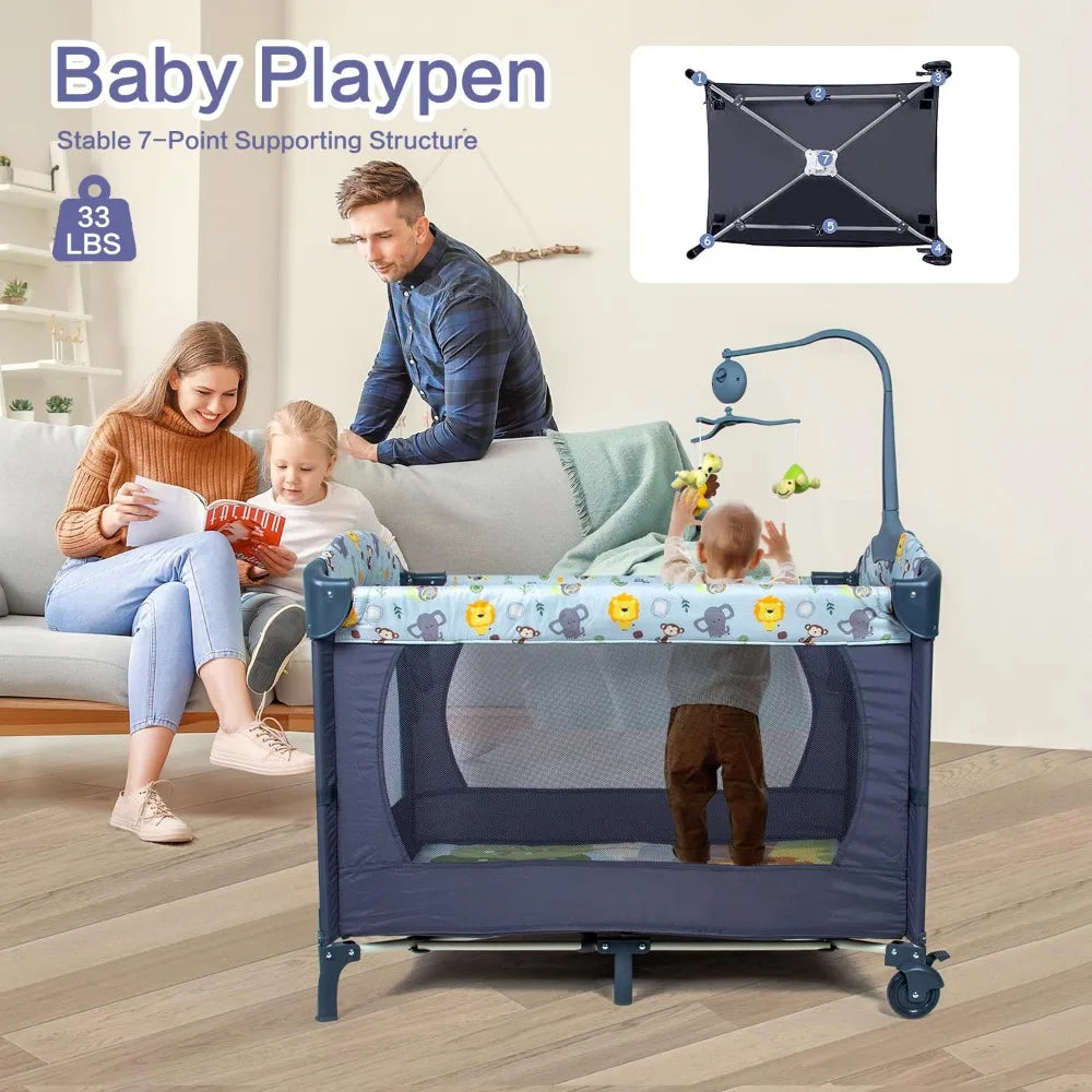 5-in-1 Baby Bassinet Bedside Crib, Pack and Play Long Next to Parents Bed Crib with Toys & Music Box, Mattress, Foldable Playard