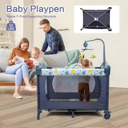 5-in-1 Baby Bassinet Bedside Crib, Pack and Play Long Next to Parents Bed Crib with Toys & Music Box, Mattress, Foldable Playard