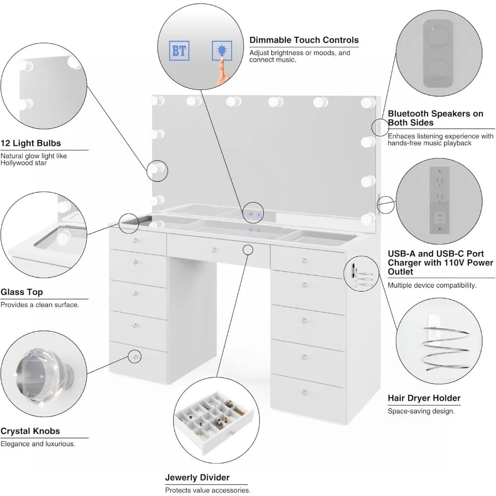 Orla - Glass Top Large Vanity Desk w/Bluetooth Speaker, 12 Hollywood Lights, 11 Drawers, Crystal Knobs, USB Type-C & Type-A Por