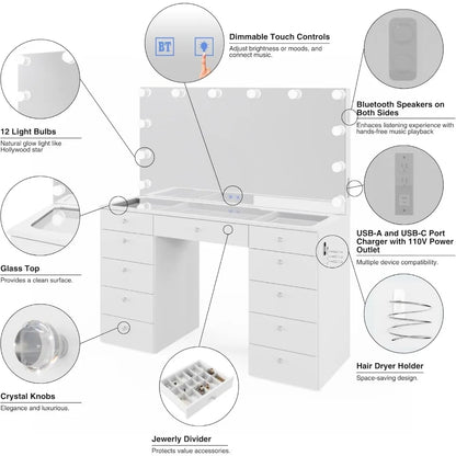 Orla - Glass Top Large Vanity Desk w/Bluetooth Speaker, 12 Hollywood Lights, 11 Drawers, Crystal Knobs, USB Type-C & Type-A Por