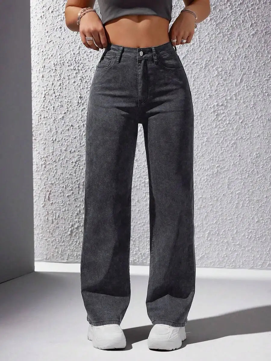 High Waist Wide Leg Washed Denim Jeans for Women - Casual Streetwear Style