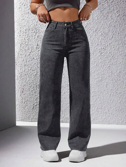 High Waist Wide Leg Washed Denim Jeans for Women - Casual Streetwear Style
