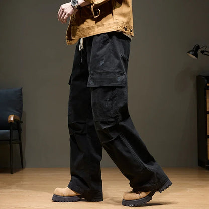 Men's Baggy Cargo Pants with Pockets 100% Cotton Drawstring Elastic Waist Wide Leg Outdoor Casual Pants Plus Size 8XL