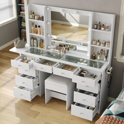 "LED-Illuminated Makeup Vanity Desk with Mirror, Power Outlet, and Ample Storage"
