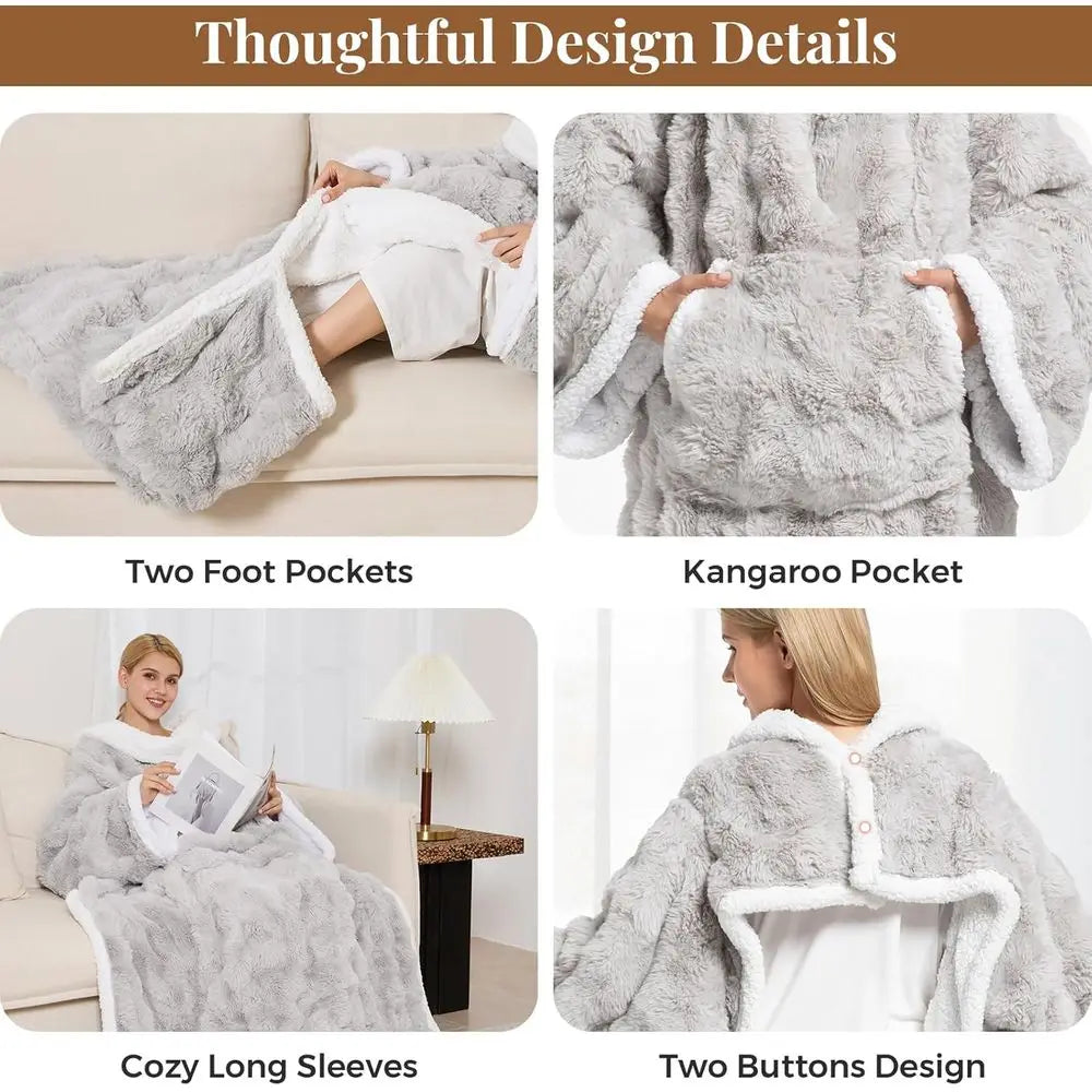 Heated Blanket, Luxury Faux Fur & Sherpa Electric Throw Blanket with Sleeves, Foot Pockets, Heated Robe for Women Men Gift, 3 He