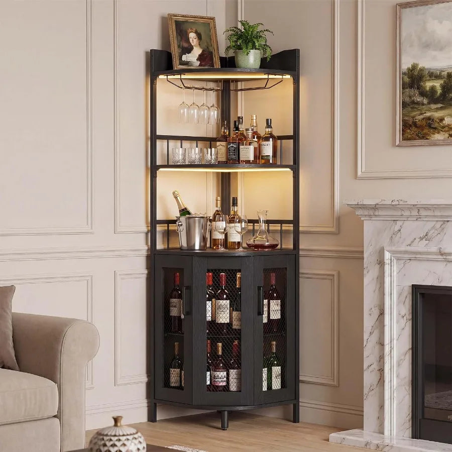 Corner Bar Cabinet, 5Tier Wine Cabinet with Power OutletsandLED Lights