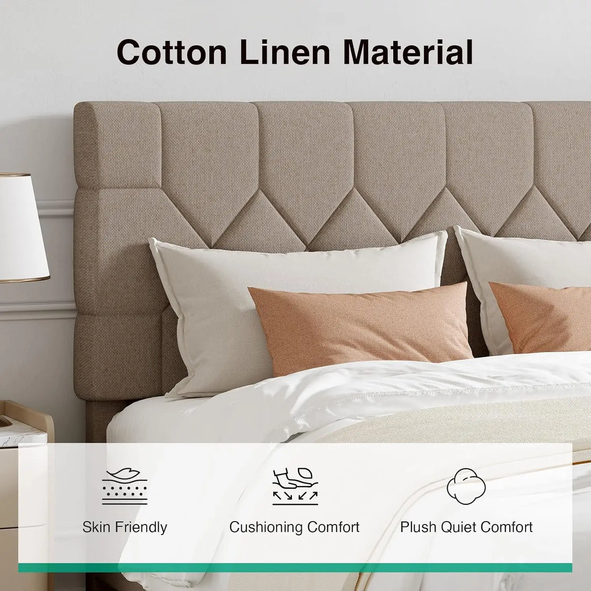 King Size Pull-Point Bed Frame with Headboard, Linen Upholstered, Heavy-Duty Metal Feet, No Box Spring Needed, Easy Assembly, Beige
