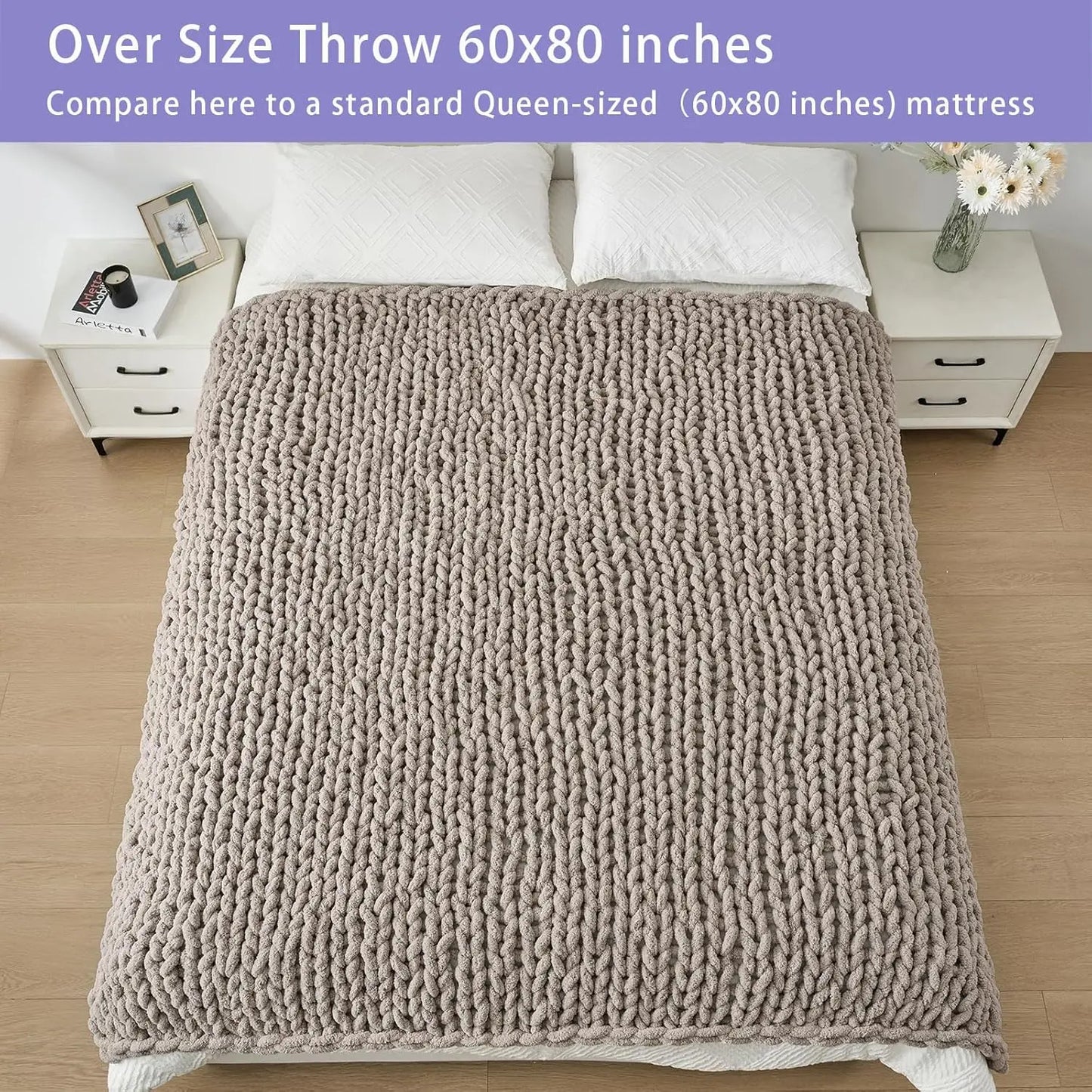 Chunky Knit Throw Blanket, 60x80 Inches, Hand-Knitted with Thick Chenille Yarn, Cozy Soft for Couch and Bed in Taupe