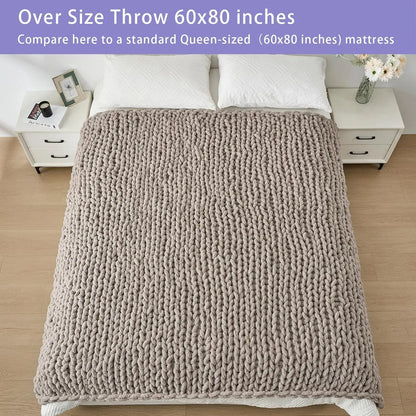 Chunky Knit Throw Blanket, 60x80 Inches, Hand-Knitted with Thick Chenille Yarn, Cozy Soft for Couch and Bed in Taupe