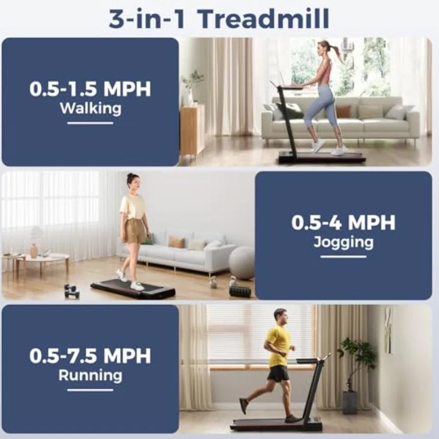 Under desk walking pad treadmill for home gym use, foldable steel frame in black, 3-in-1 design with removable desktop, remote