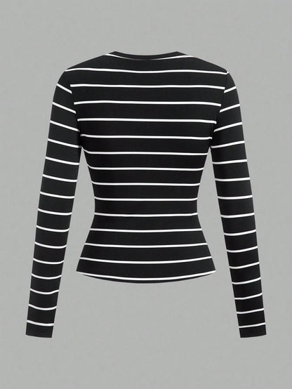 3-Pack Women's Long Sleeve Striped & Solid Round Neck Tees - Slim Fit Fall Tops