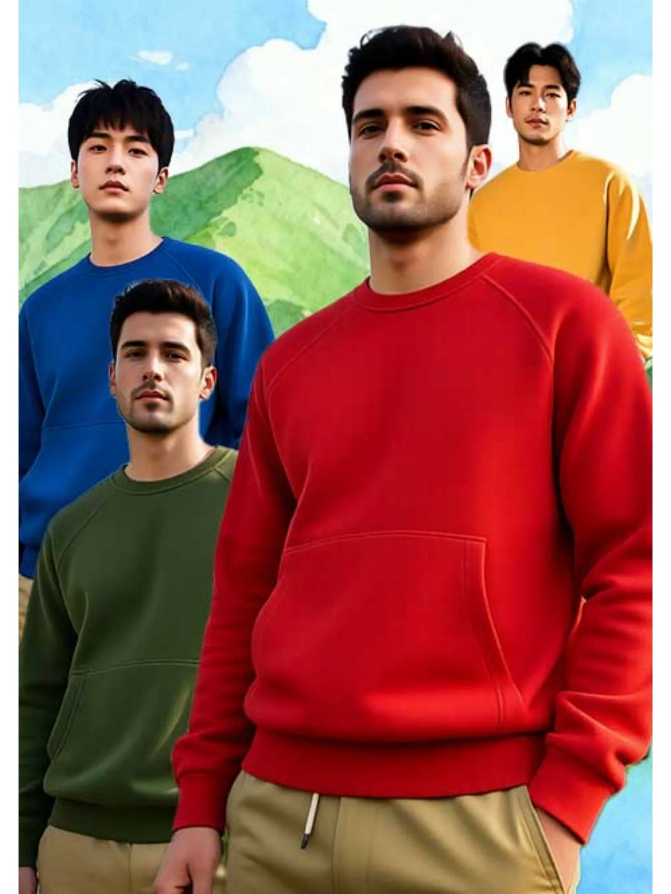 Four piece men's round neck hoodie fleece pullover set offers eight colors of soft cotton blend hoodie