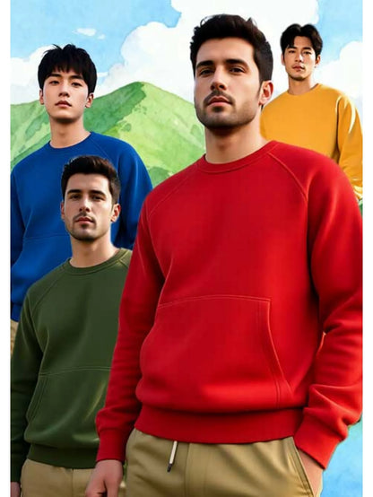Four piece men's round neck hoodie fleece pullover set offers eight colors of soft cotton blend hoodie