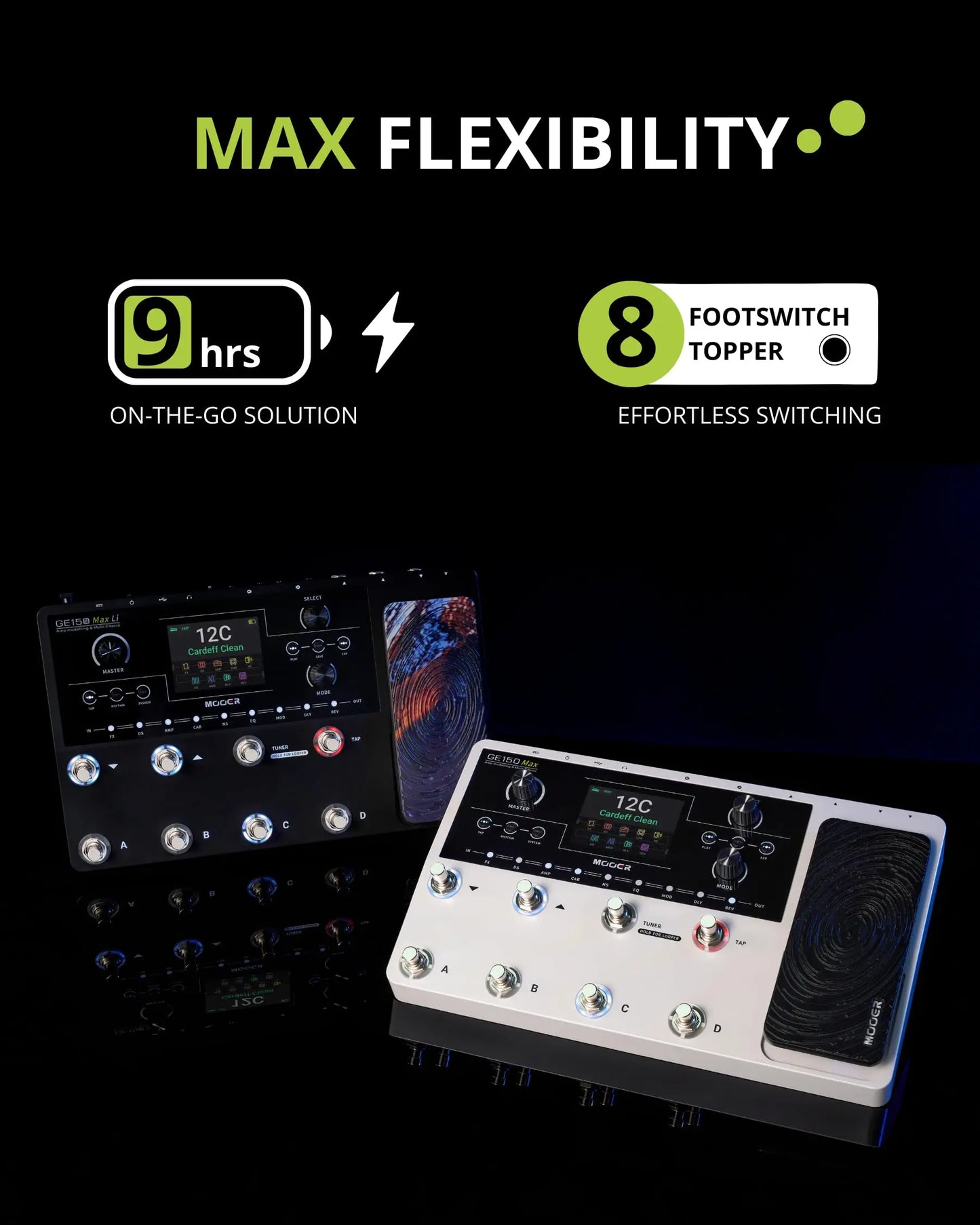 MOOER GE150 Max Li Guitar Multi Effects Pedal 55 Amp Models 200 Presets 9H Battery IR Loader 4 Footswitches for Live Performance