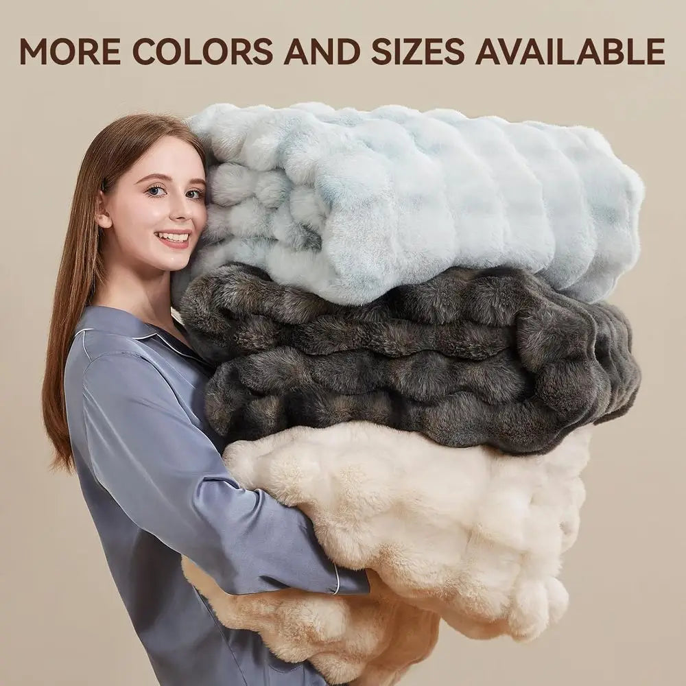 Faux Fur Throw Blanket, 1000GSM Fluffy Soft Bubble Blanket for Couch Bed, Cozy Plush Warm and Thick Blanket, Fuzzy Rabbit Throw