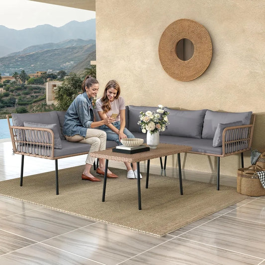 4-Piece Wicker Patio Furniture Set, All Weather PE Rattan Conversation Set Sectional Sofa with Soft Cushions & Side Table