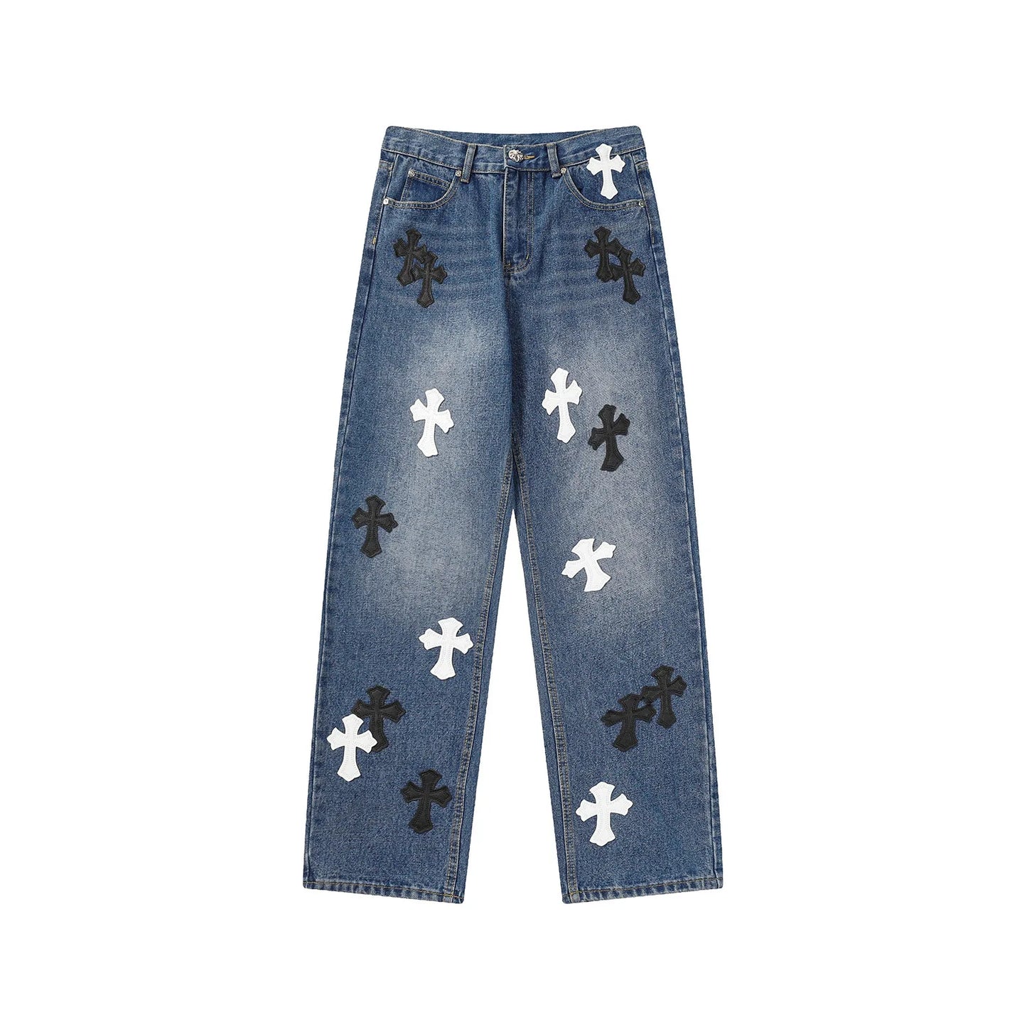 Classic Luxury Brand Men Women Leather Jeans Totem Patch Casual Pants Fashion Metal Embellished Couple Wear 2025