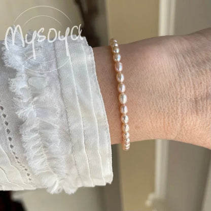 MYSOYA Pink Rice-shaped Freshwater Pearl Bracelet 4-5mm With Gift Box For Her/Him Birthday/Wedding/Christmas/New Year Gifts