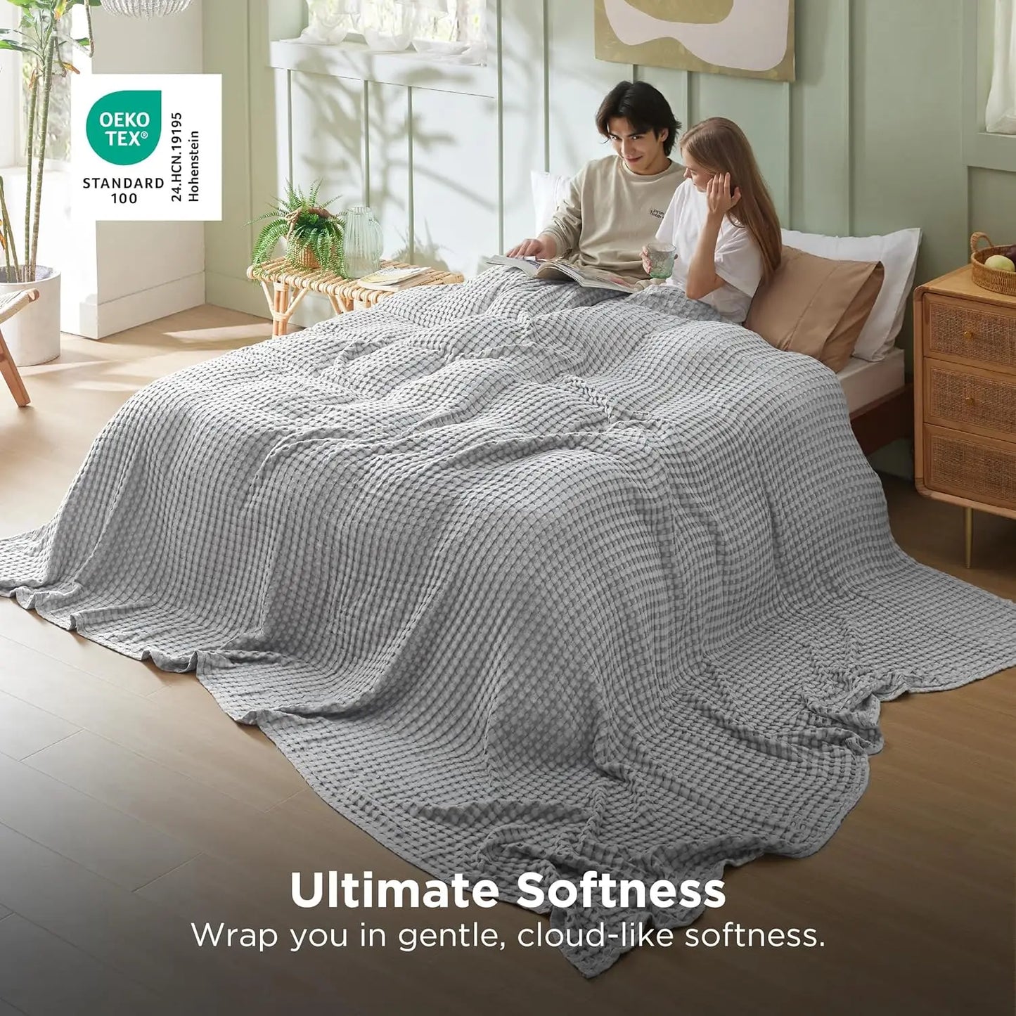 Cooling Bamboo Rayon Cotton Waffle King Blanket - Lightweight Breathable for Hot Sleepers, Grey 120x96 Inches
