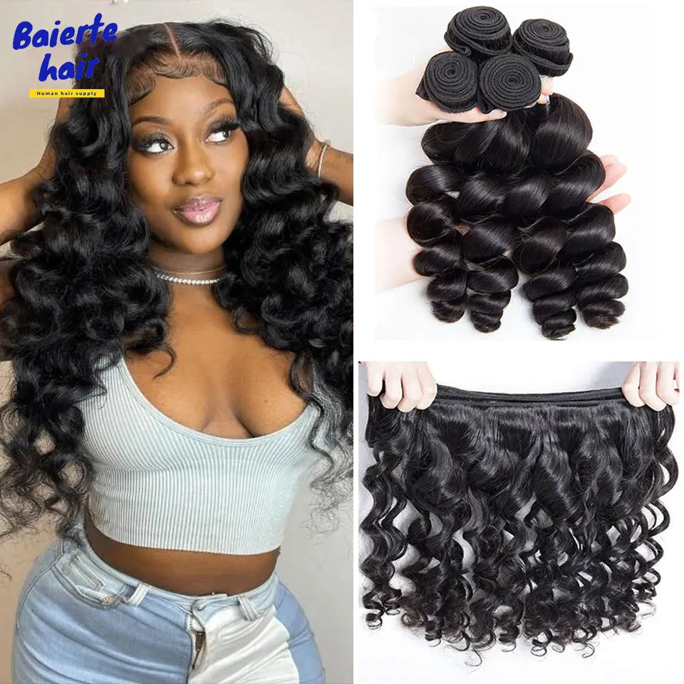28 30Inch Loose Wave Human Hair Bundles Brazilian Human Hair 3/4Pcs Bundles Deal Loose Weave Hair Extensions Woman Natural Color
