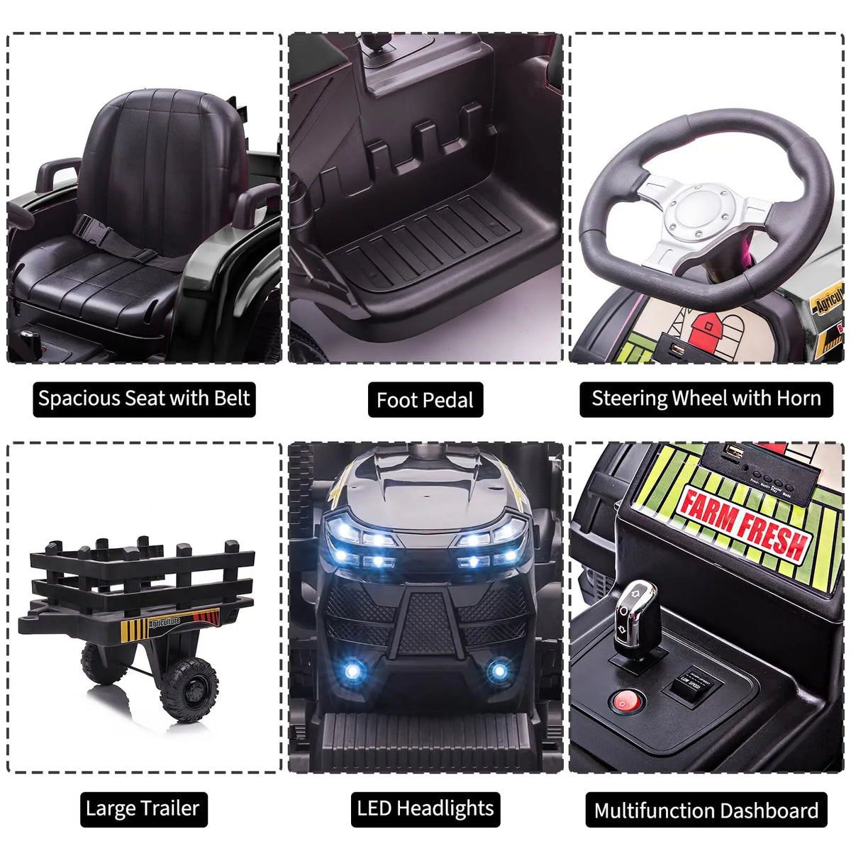 12V Kids Ride On Tractor With Trailer, Dual 35W Motors, 3 Speed Electric Farm Truck, LED Lights, Music, USB, Outdoor, Ages 3-6