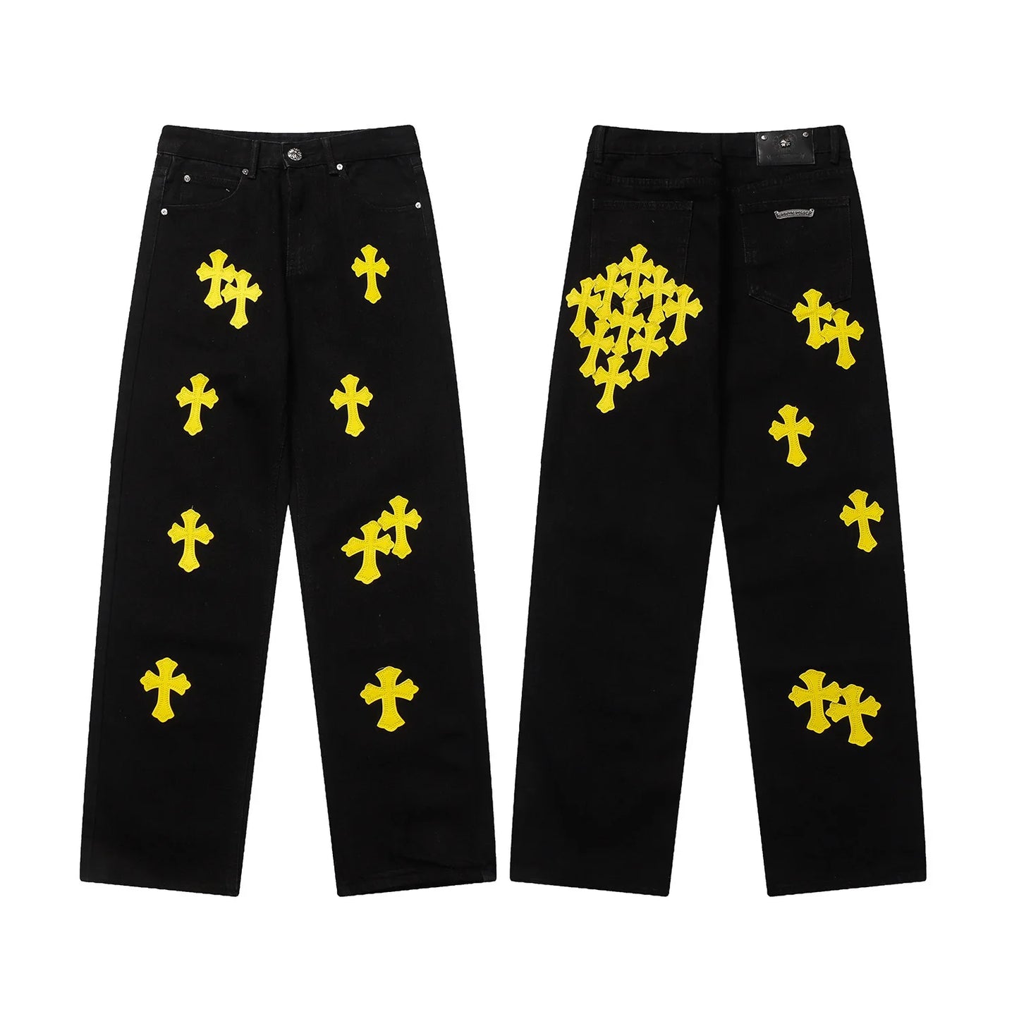 Classic Luxury Brand Men Women Leather Jeans Totem Patch Casual Pants Fashion Metal Embellished Couple Wear 2025