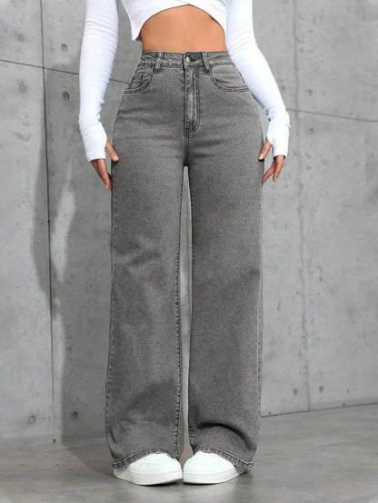High Waist Wide Leg Washed Denim Jeans for Women - Casual Streetwear Style
