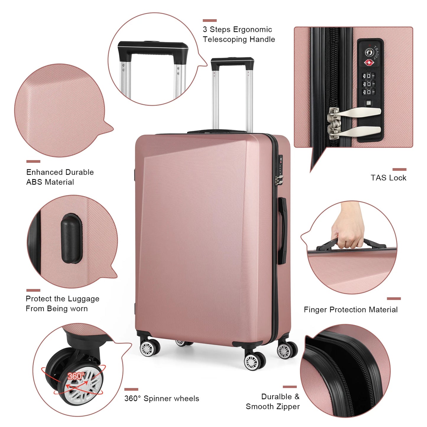 3-PC Champagne ABS Luggage Set w/Ergo Handle & Smooth-Zipper, 360° Spinner Wheels Trolley Cases - Lightweight Travel Suitcases