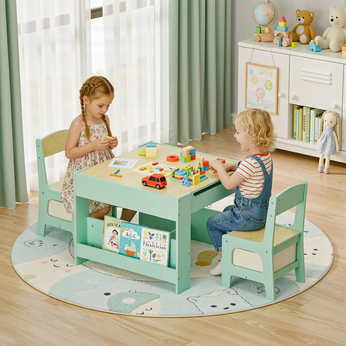 3 Pieces Wood Activity Table and Chairs Set Kids Study Play Desk With Storage Drawers For Toddlers