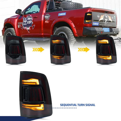 LED Tail Lights Assembly for Dodge Ram 1500 2500 3500 2009-2018 4th Gen Sequential Blinker Dynamic Animation Black Rear Lamps