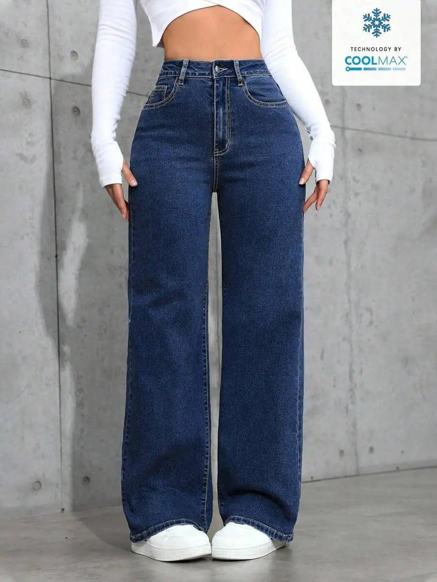 High Waist Wide Leg Washed Denim Jeans for Women - Casual Streetwear Style