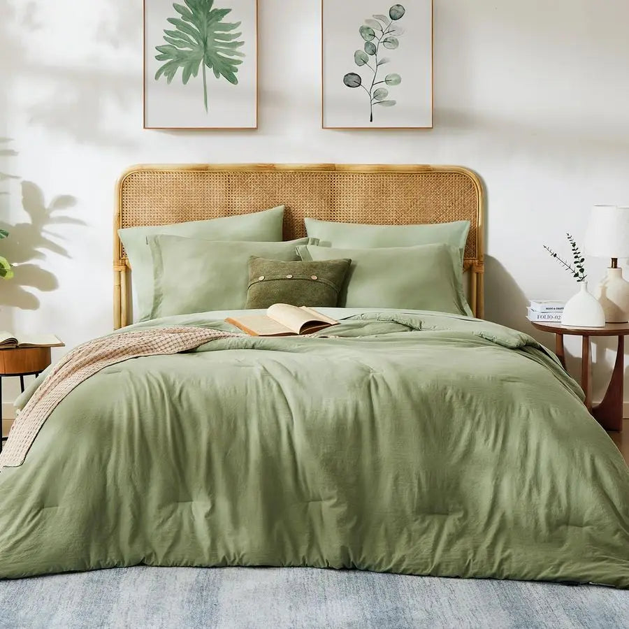 Queen Comforter Set 7 Pieces Sage Green Soft Bed in a Bag Queen with Fitted Sheet, Flat Sheet, 2 Pillow Shams, and 2 Pillowcases