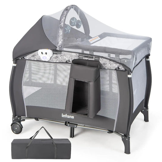 4-in-1 Portable Baby Playard with Bassinet, Changing Table, Canopy & Music Box for Newborns to Toddlers (Grey)