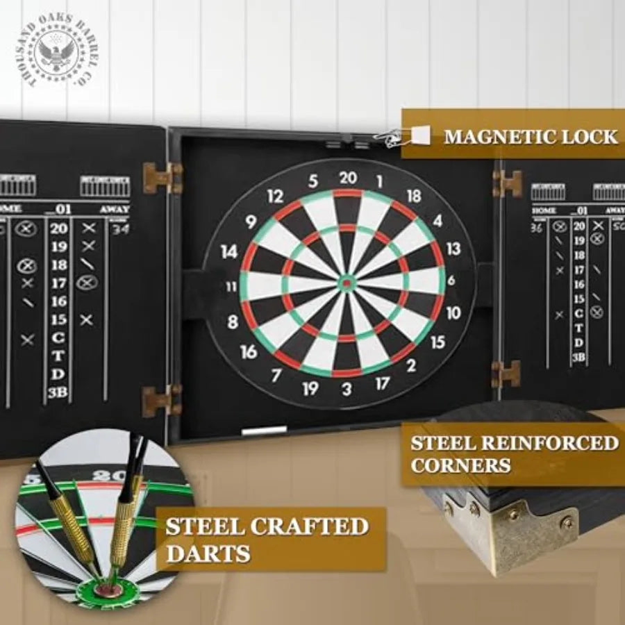 Personalized Dartboard and Cabinet Set with 6 Steel Tip Darts for Home Entertainment Customizable Design Compact Storage Soluti