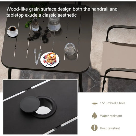 5 Pieces Outdoor Dining Set, Patio Furniture Set of 4 Textilene Chairs with Square Metal Slatted Table with Umbrel