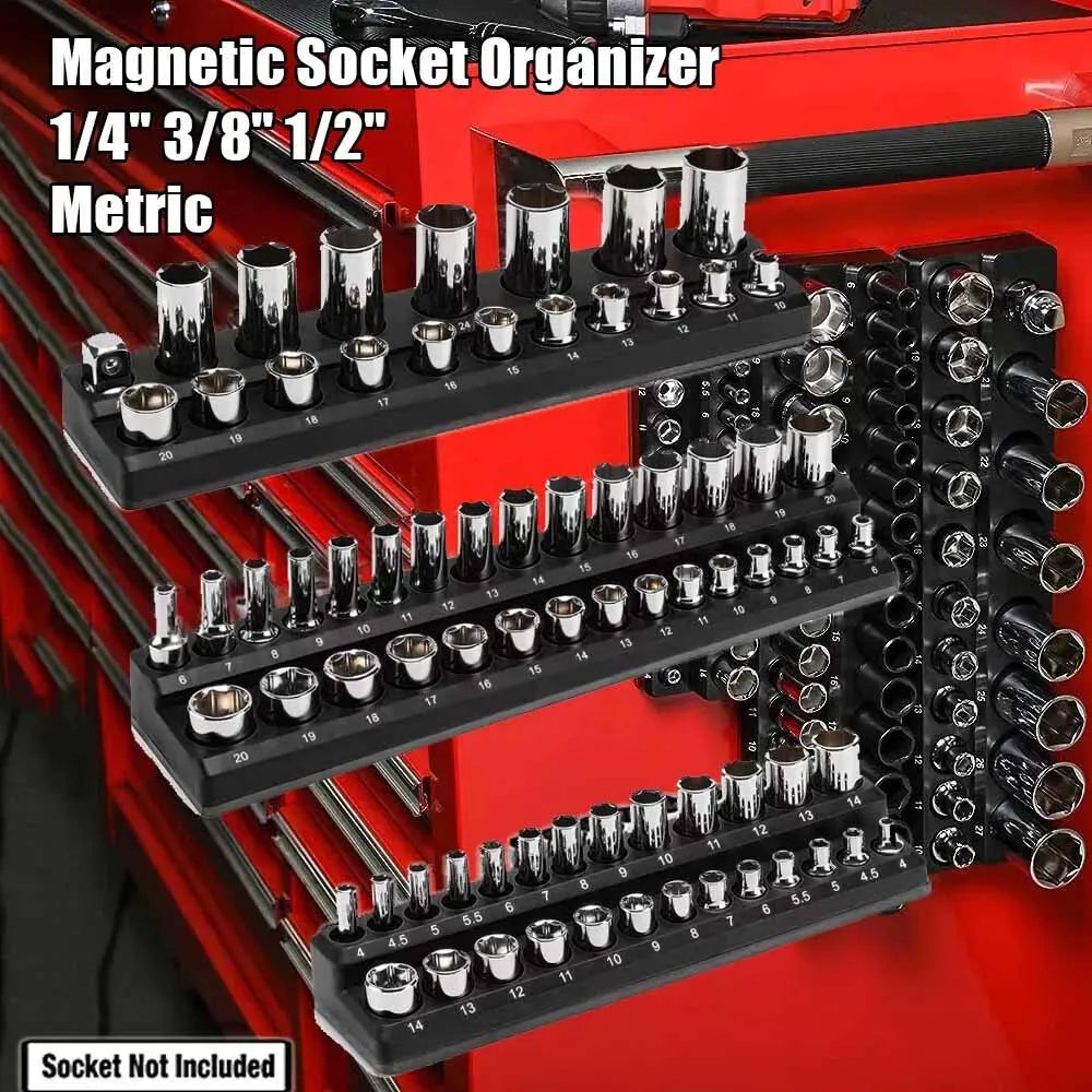 75 Slots Magnetic Socket Organizer Tray Set 3Pcs 1/4" 3/8" & 1/2" Inch Drive Metric Socket Holder Storage Organiser Black Color