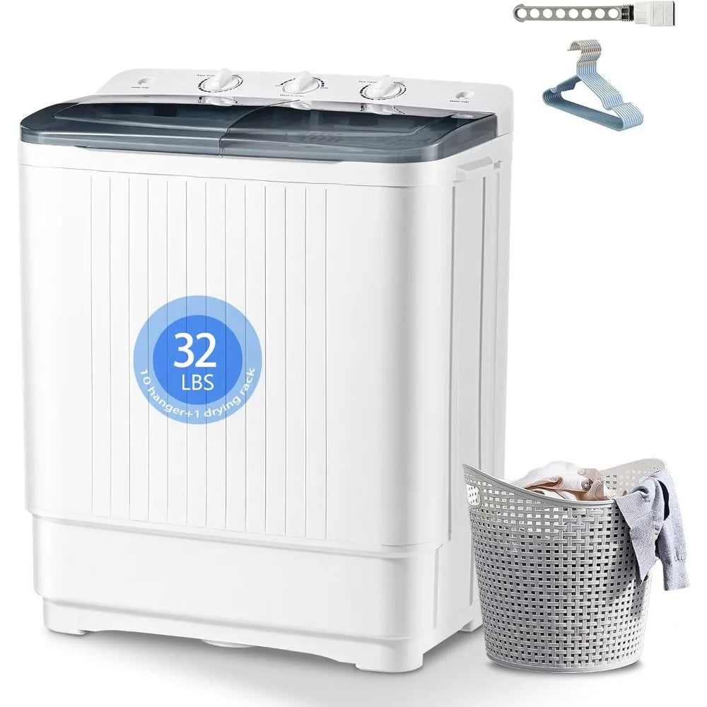 Portable Washing Machine, 32lbs Twin Tub (20lbs Washer + 12lbs Spinner) with 10 Hangers and Drying Rack, Semi-Automatic Compact